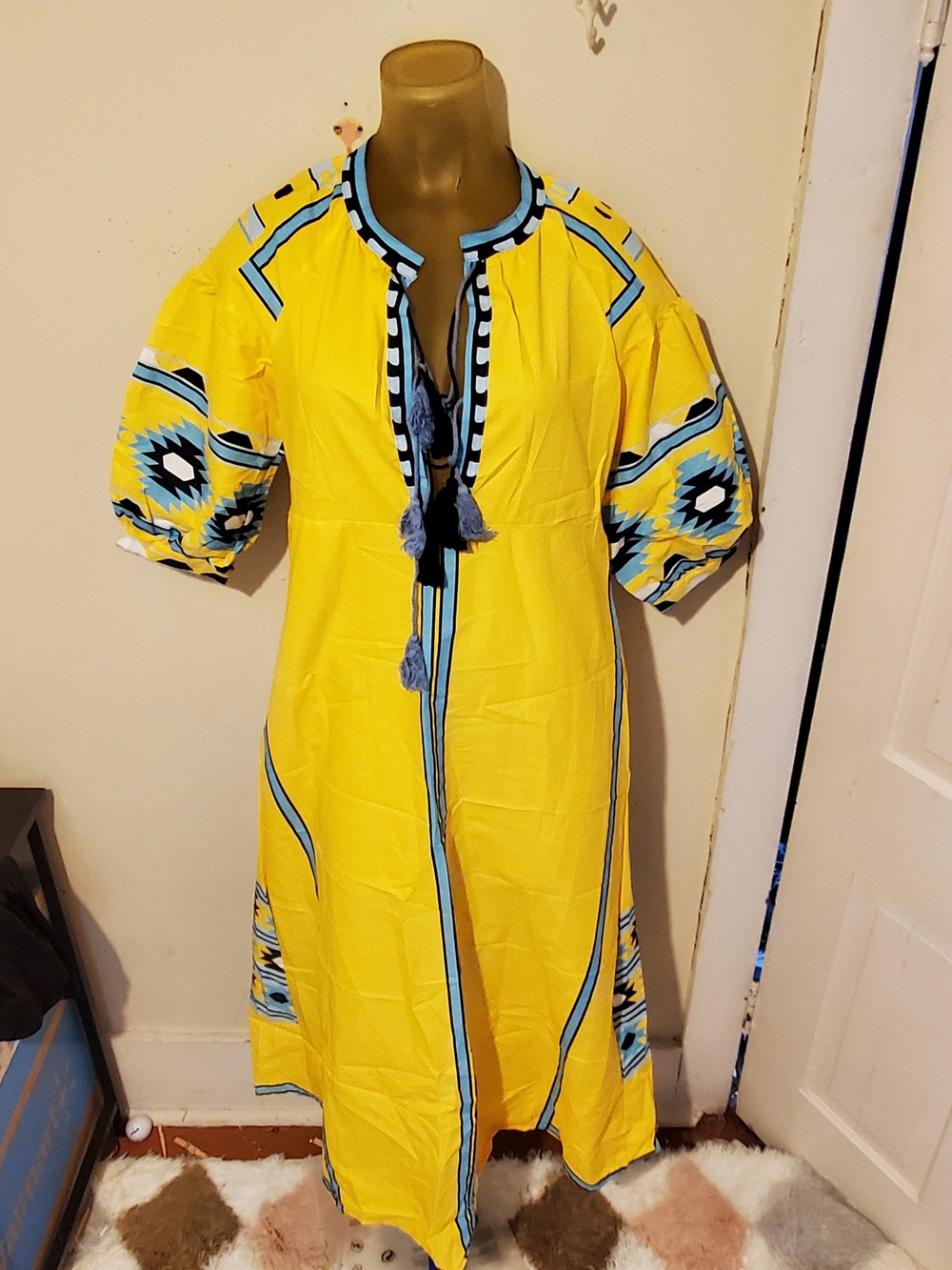 Yellow Embroidered Puff-Sleeve Maxi Dress